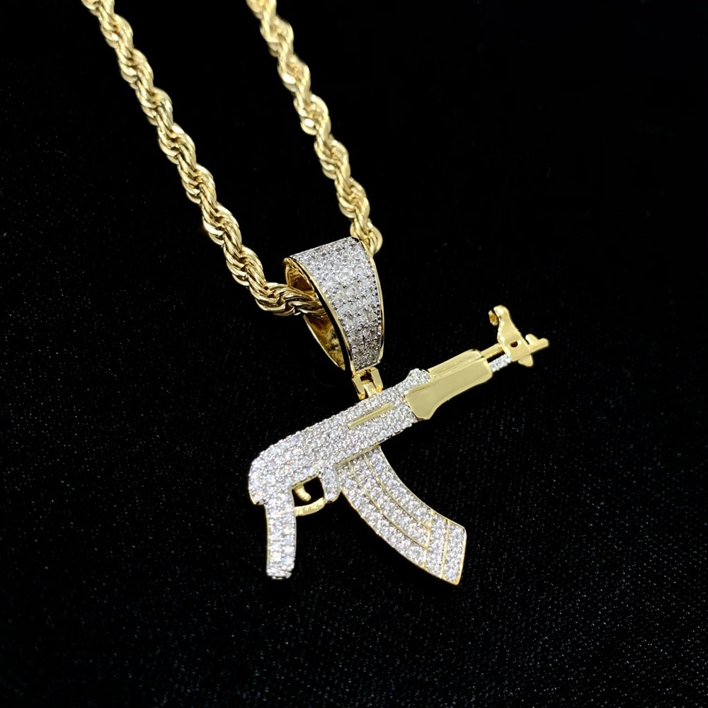 DE ROSSI NEW AK 47 PENDANT FULL LAB DIAMONDS 18K GOLD CHAIN MADE IN ITALY